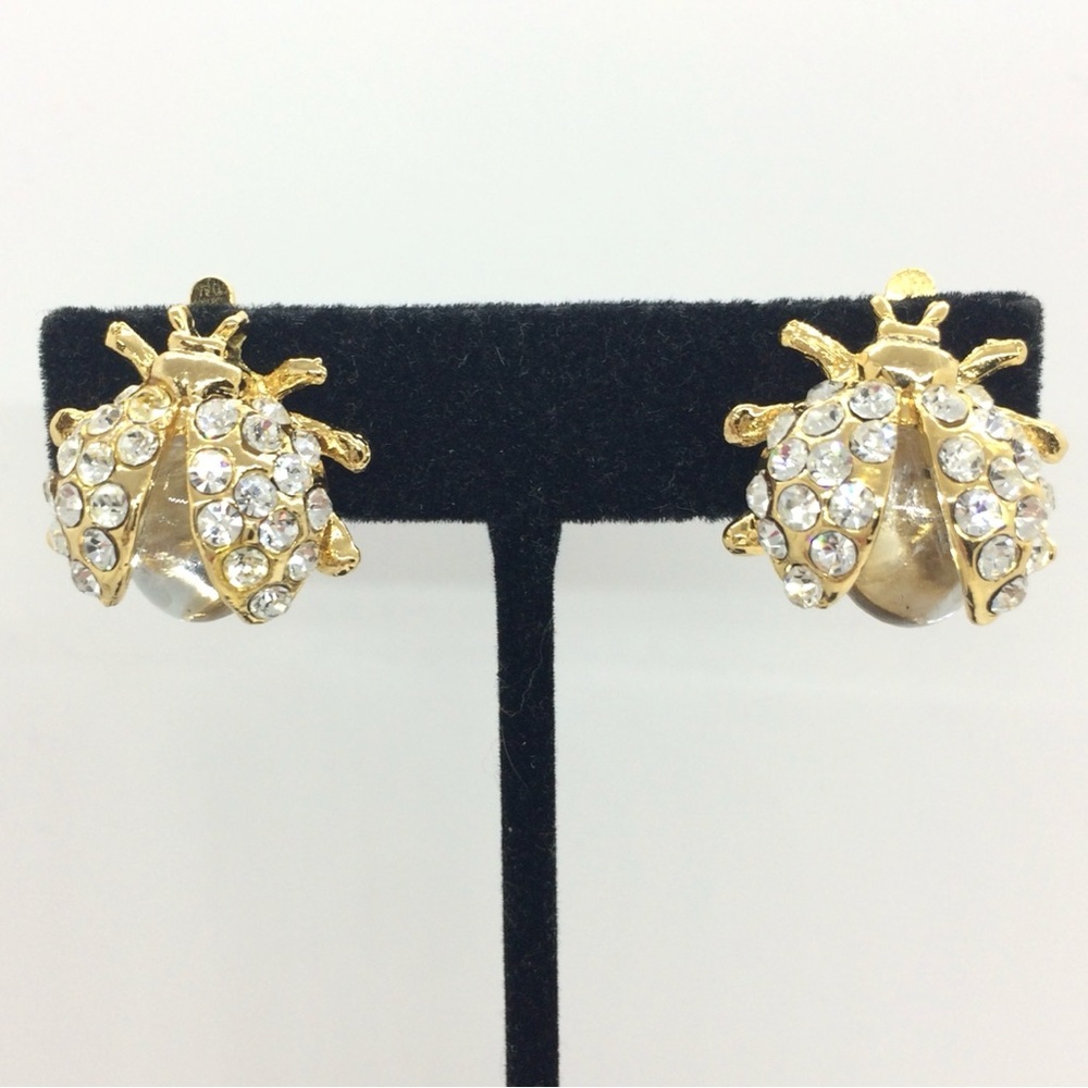 LADY BUG JELLY BELLY CLIP ON EARRINGS RHINESTONE GOLD TONE BEETLE VINTAGE STYLE